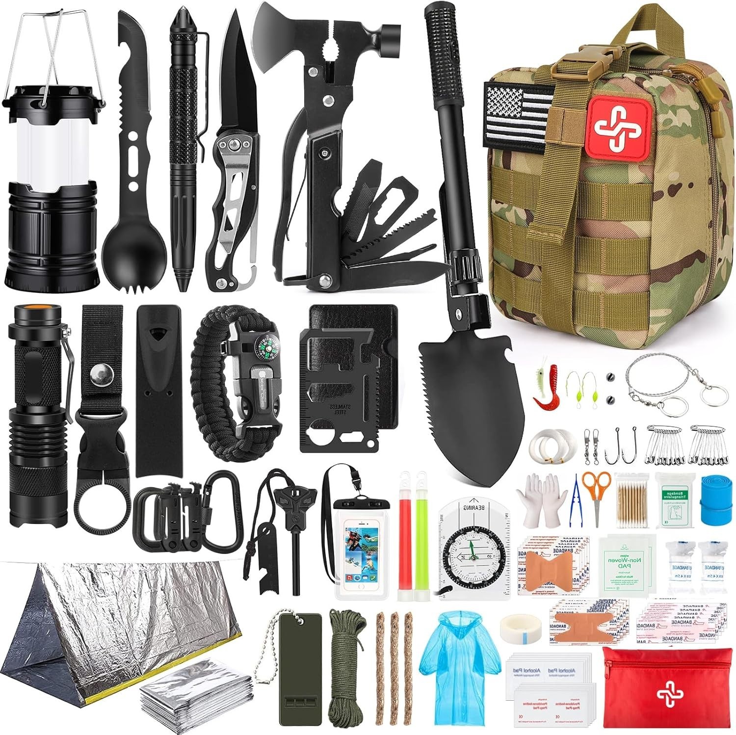 250PCS Survival Gear Kit First Aid Set w/ Bag Tent Outdoor Emergency Hiking Tool
