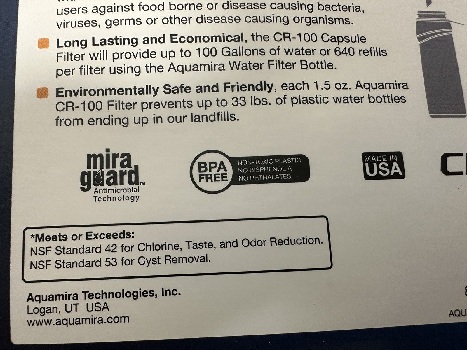 Aquamira 100 Gallon Capacity Water Filter Bottle Replacement Cartridge Survival