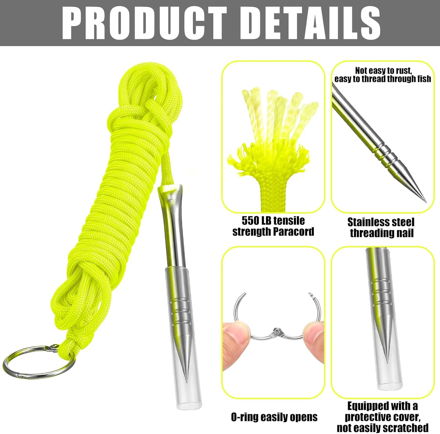 10 Ft Paracord Fishing Stringer Set – 2 Pieces, 550Lb Capacity, Split Ring