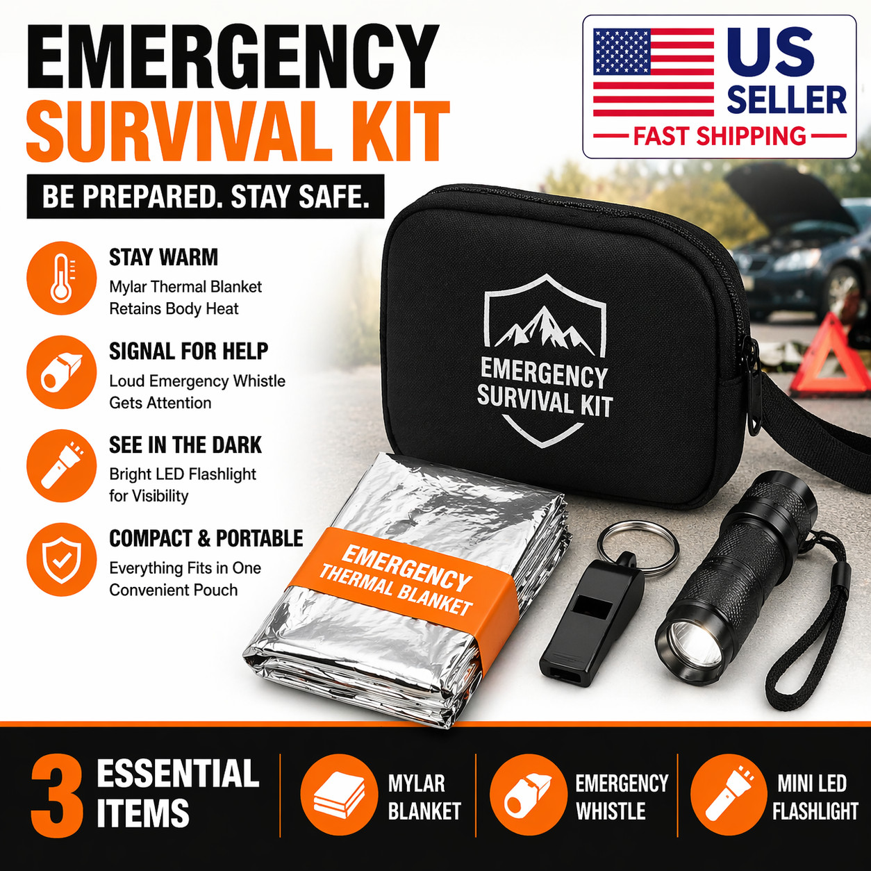 Compact Emergency Survival Kit Car Camping Mylar Thermal Blanket Set