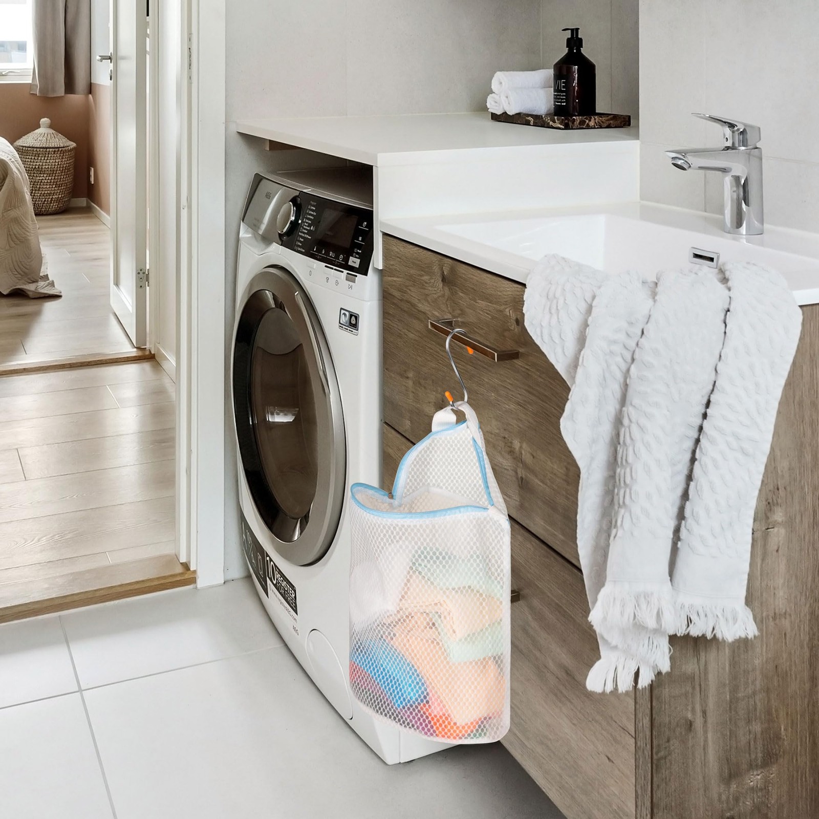 3Pcs Hanging Laundry Bags for Socks with S Hooks, 12 Large, white, pink, blue