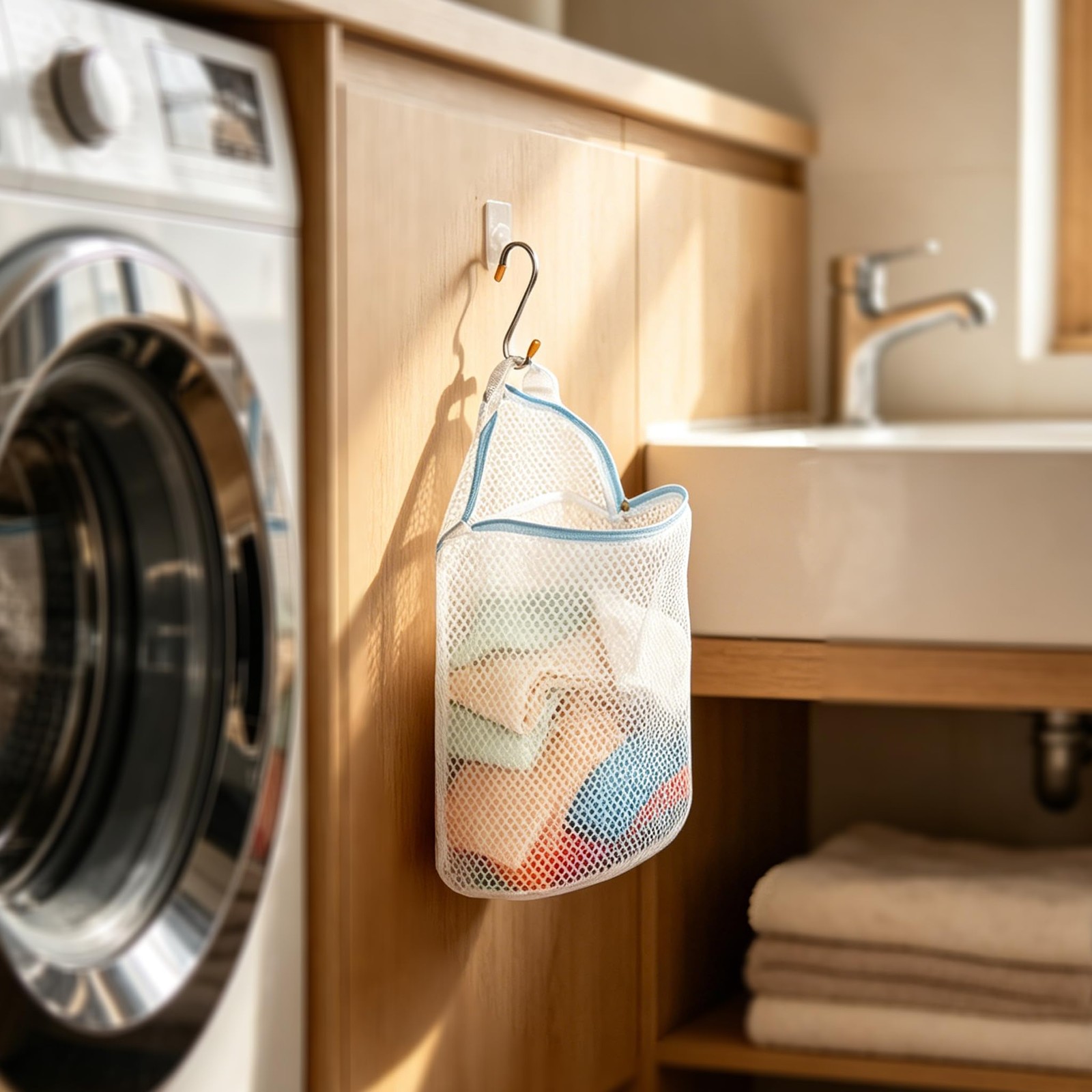 3Pcs Hanging Laundry Bags for Socks with S Hooks, 12 Large, white, pink, blue