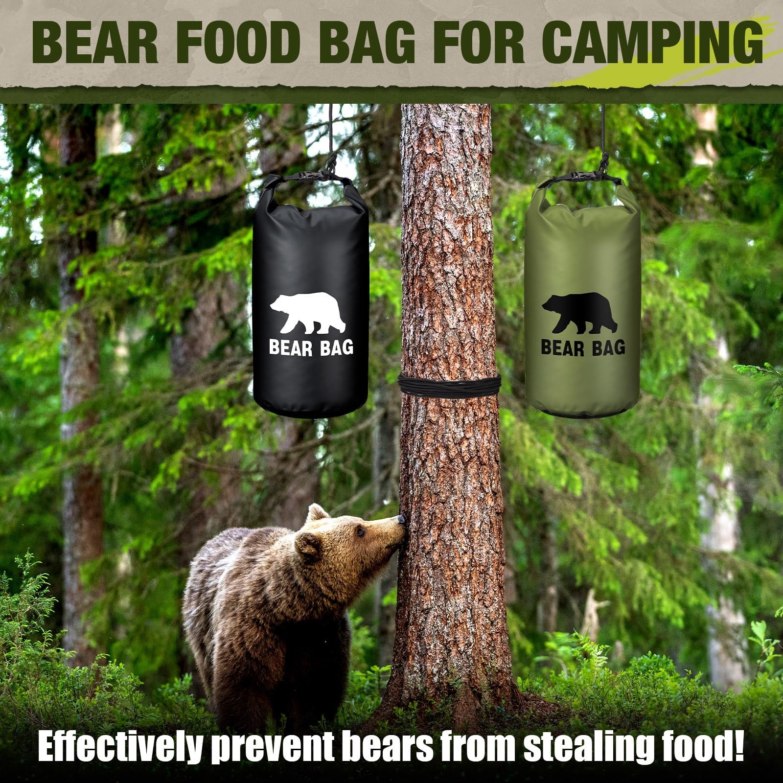 Bear Food Bag Hanging System 2 Bags 4 Ropes 4 Clips 2 Rock Pouches Black Green