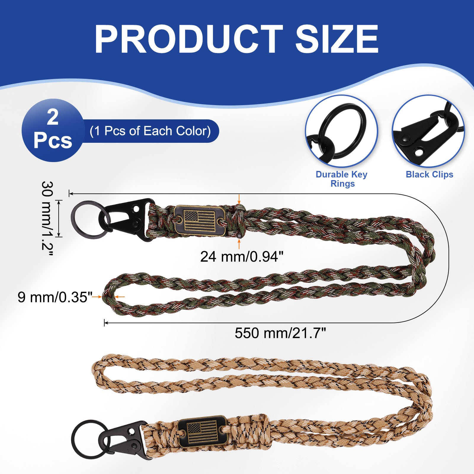 2Pcs Paracord Lanyard, Strong Lanyard with USA Flag, Green&Desert Camouflage