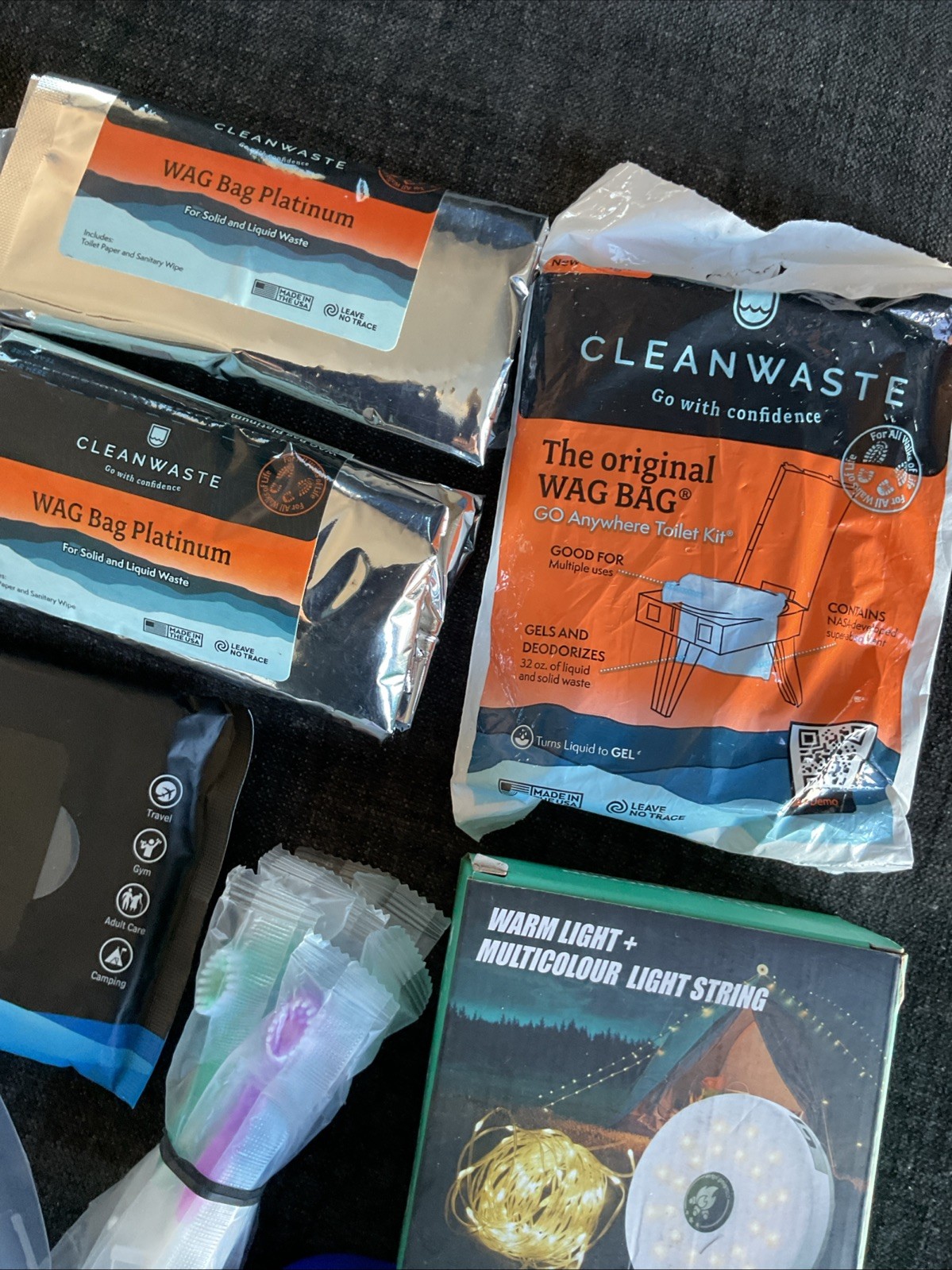 Burning Man Camping Kit WAG Bags,Mess, Wipes, Lights , Disposable Toothbrushes,