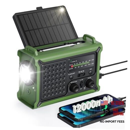 Emergency Weather Radio with Large Solar Panel, Efficient Hand Crank Army Green