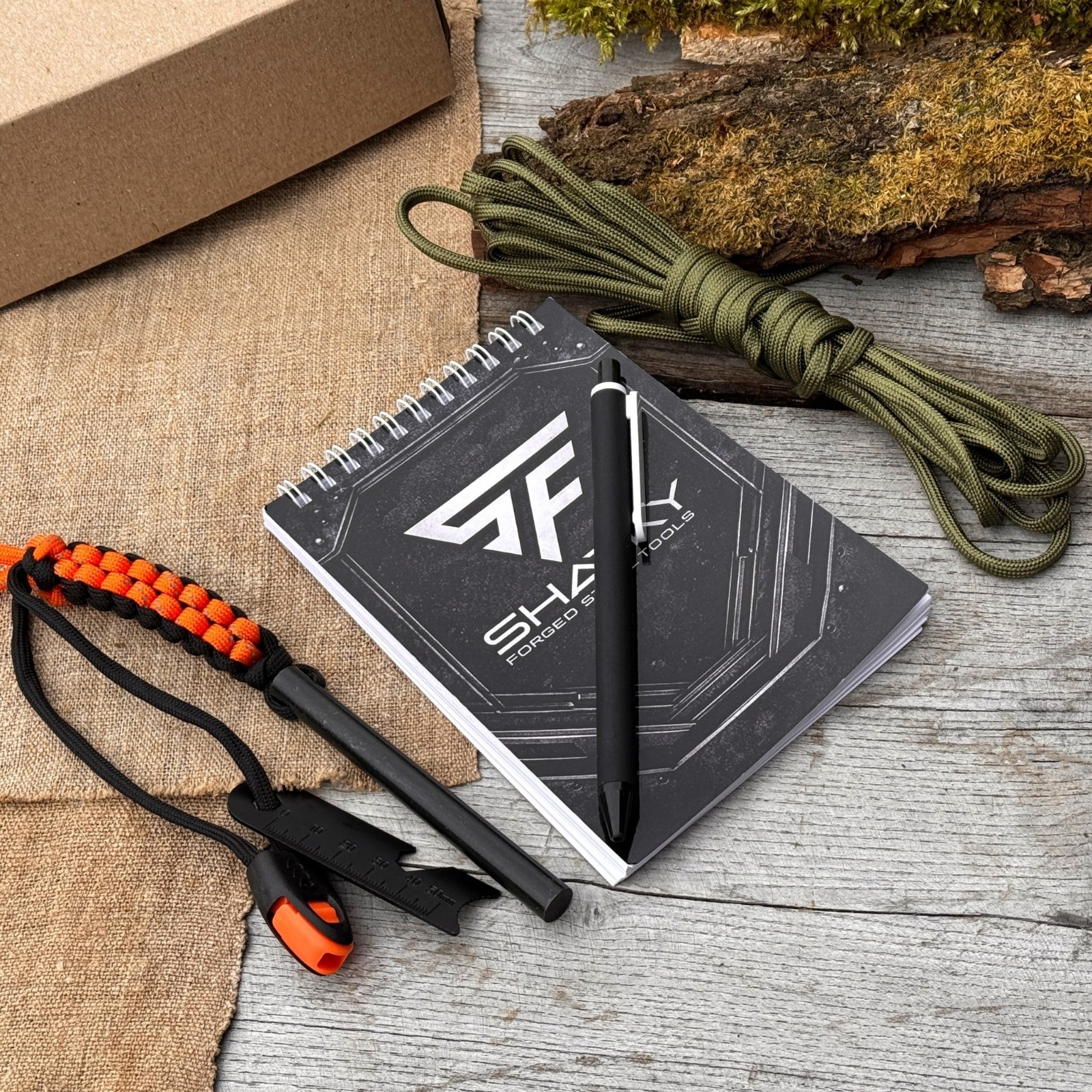 Camping Survival Kit with Ferro Rod Notebook Pen Paracord Bushcraft Gear Sharky