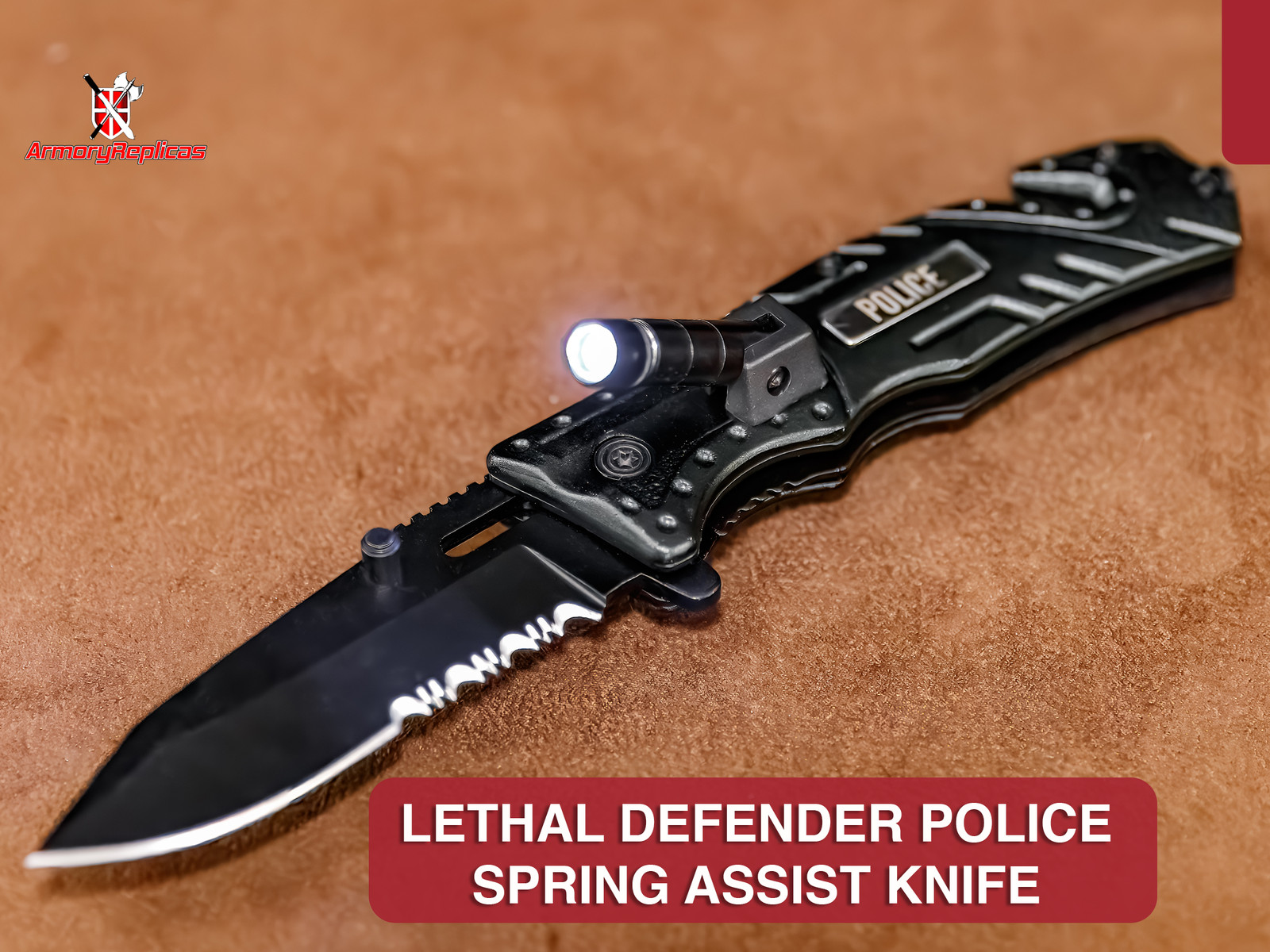 Lethal Defender Emergency Knife | LED Light Pocket Assisted Folding Police Black