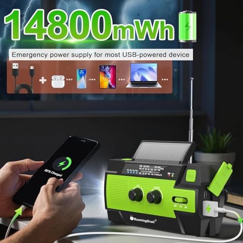 Emergency Crank Weather Radio, 14800mWh Solar Hand Crank Portable 090P-Green