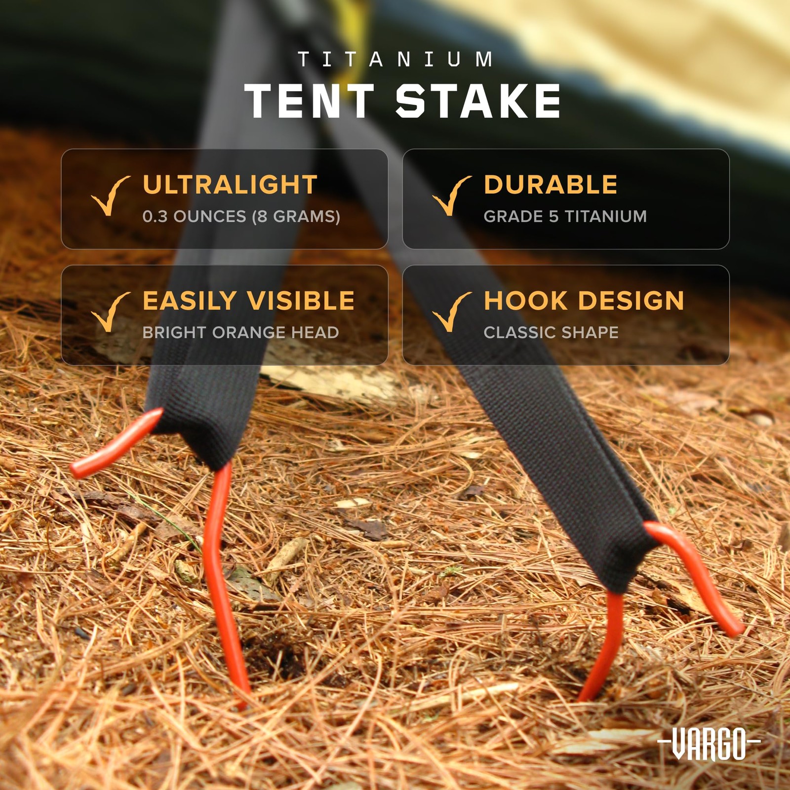 Vargo Titanium Shepherds Hook Stake with Fluorescent Orange 6, Tent Stakes