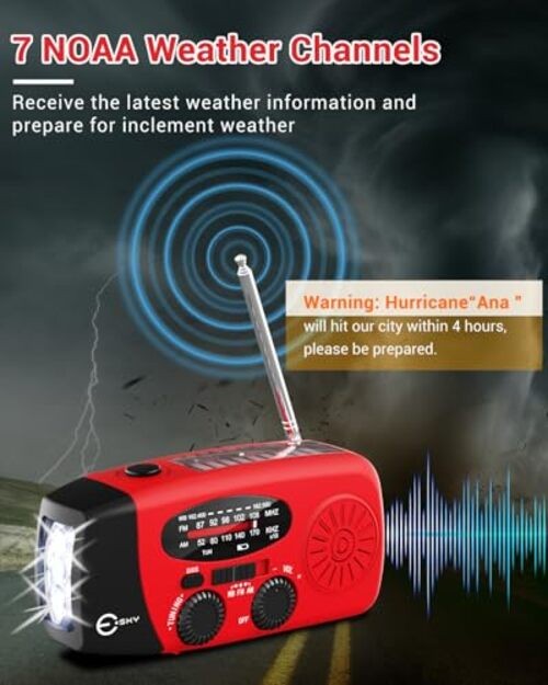 Emergency Hand Crank Radio 7400mWh with 3 LED Flashlight, AM/FM/NOAA Red
