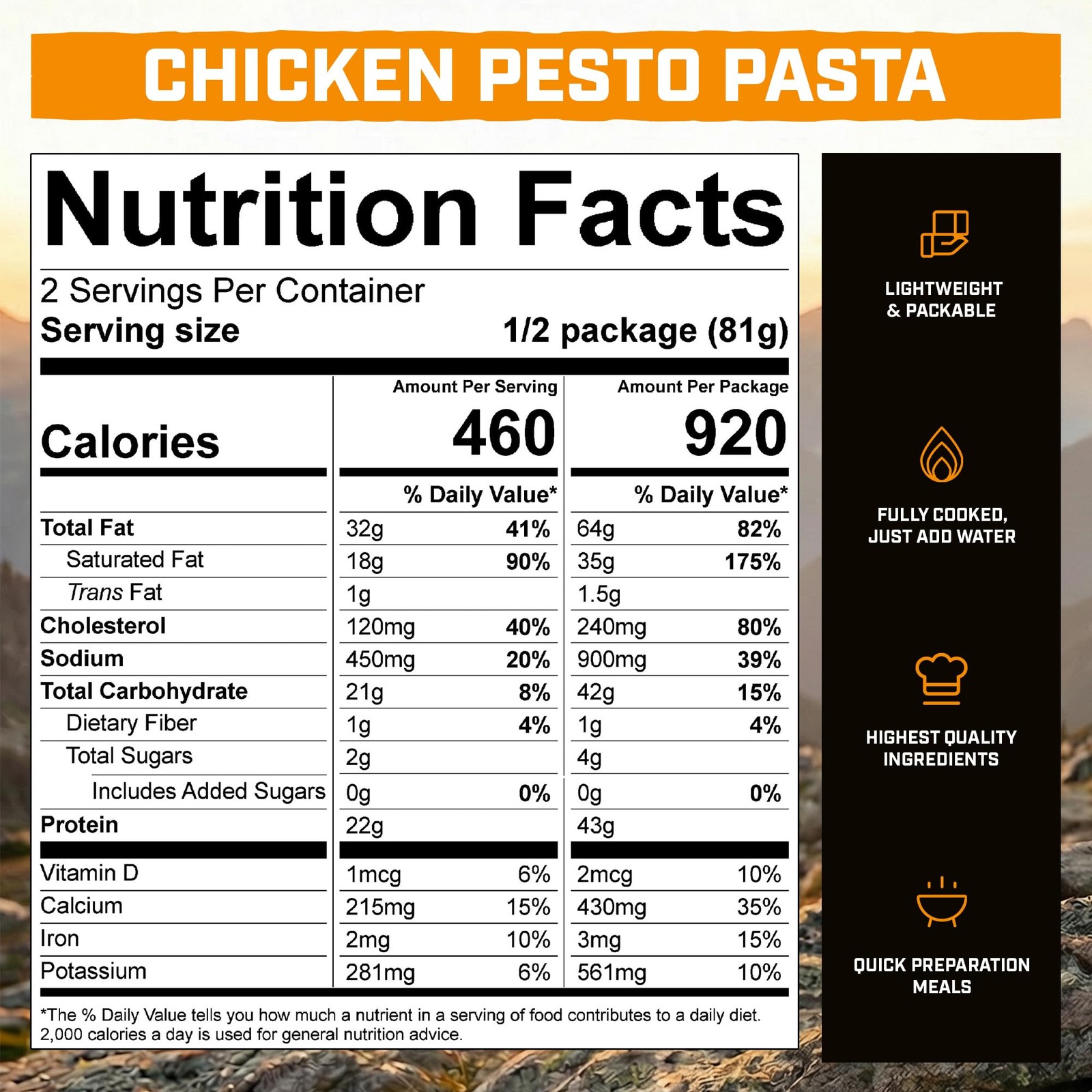 Peak Refuel Chicken Pesto Pasta| Premium Freeze Dried 1-Pack, Orange, Green