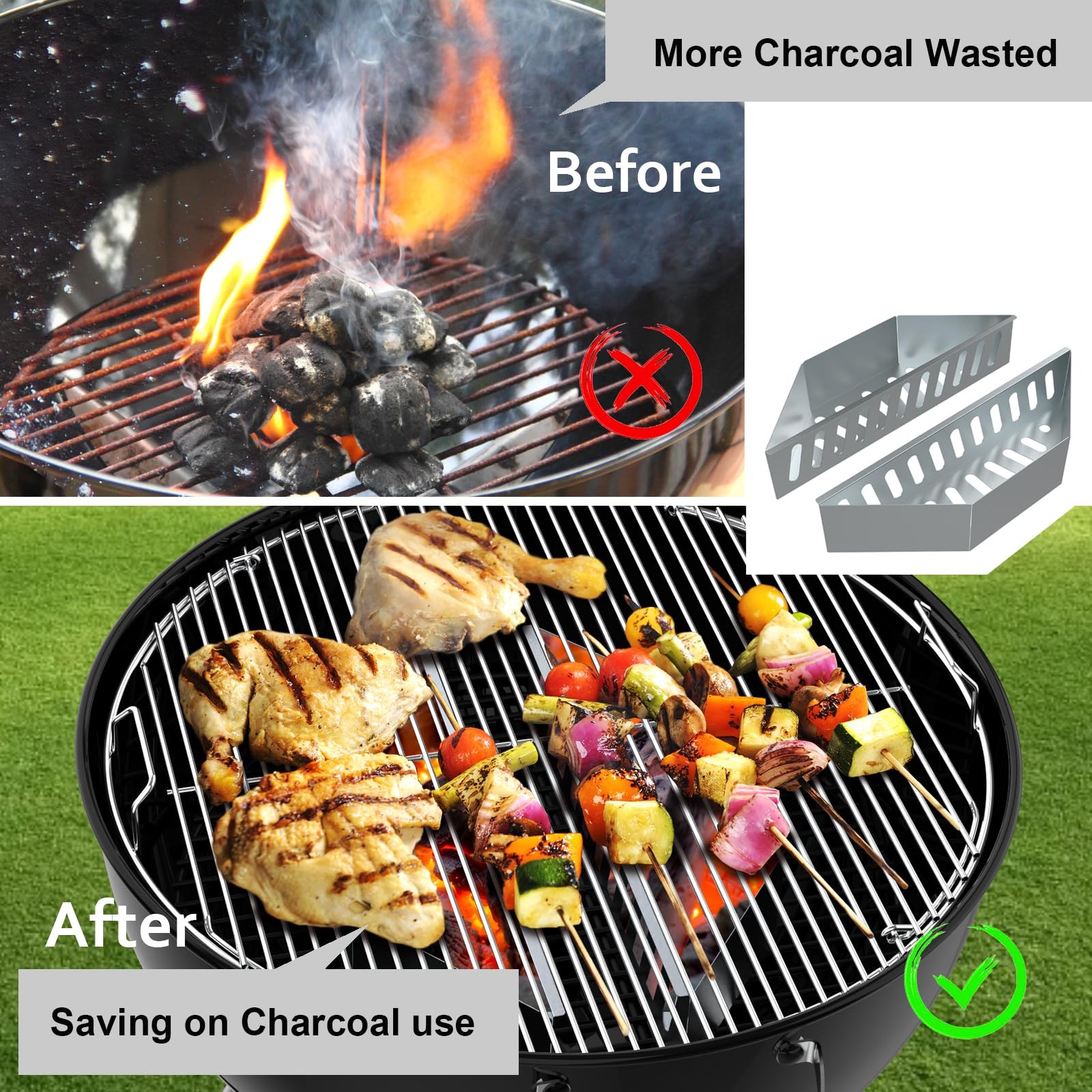 BBQCuker Charcoal Basket,Set of 2 Tray for 14.2x4x3 inches, silver