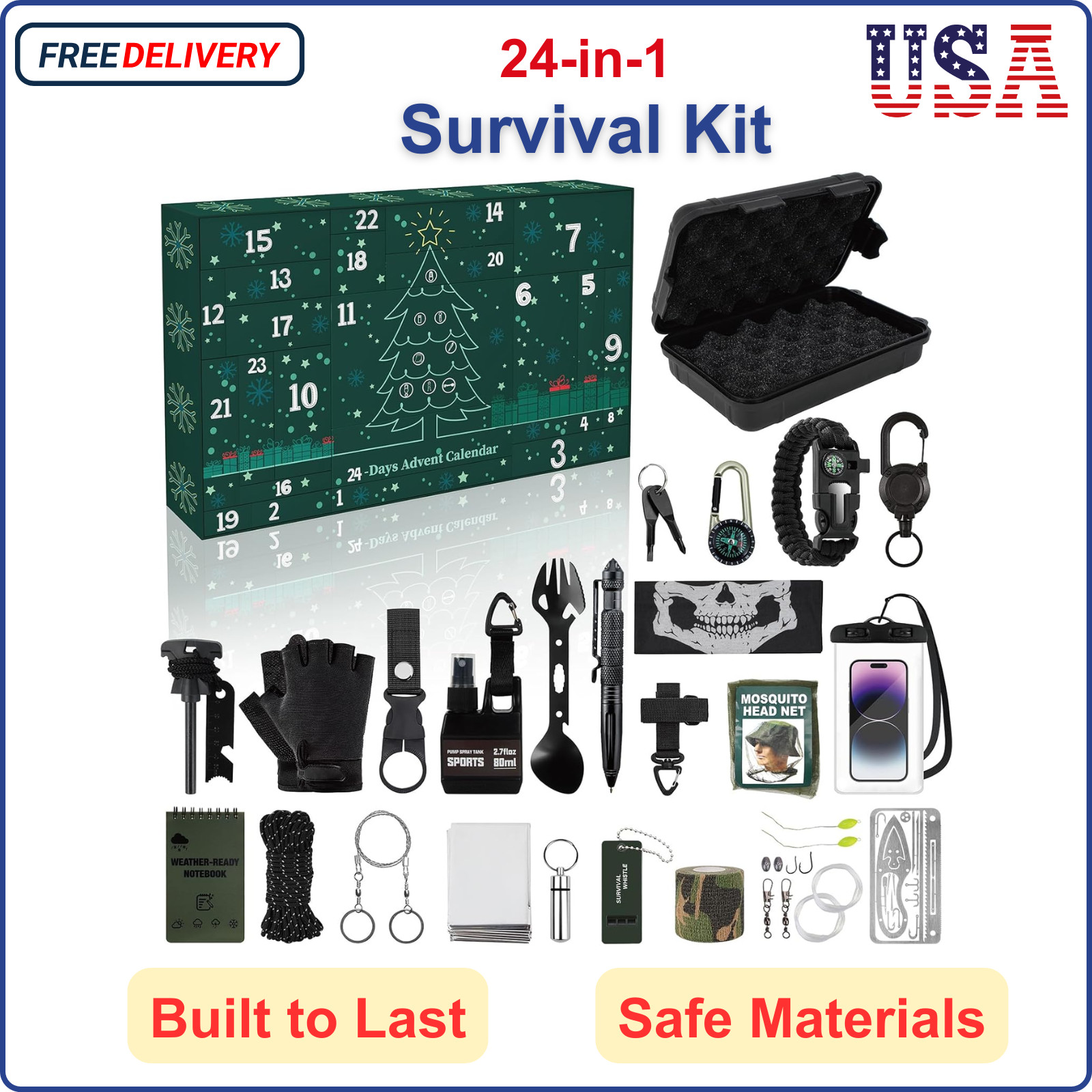 24-in-1 Professional Survival Kit, Emergency Multi-Tool Set For Hiking, Camping