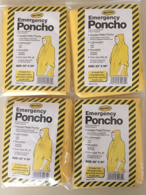 4 Mayday Emergency Rain Poncho Hooded Adult Disposable Camping Outdoor Sport