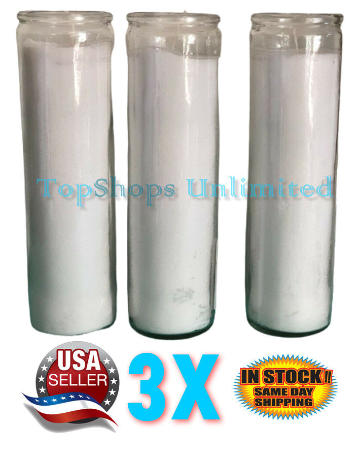 Original 80 Hour Hand Crafted White Candles Set of 3 Beautiful Glass Case 8 Inch