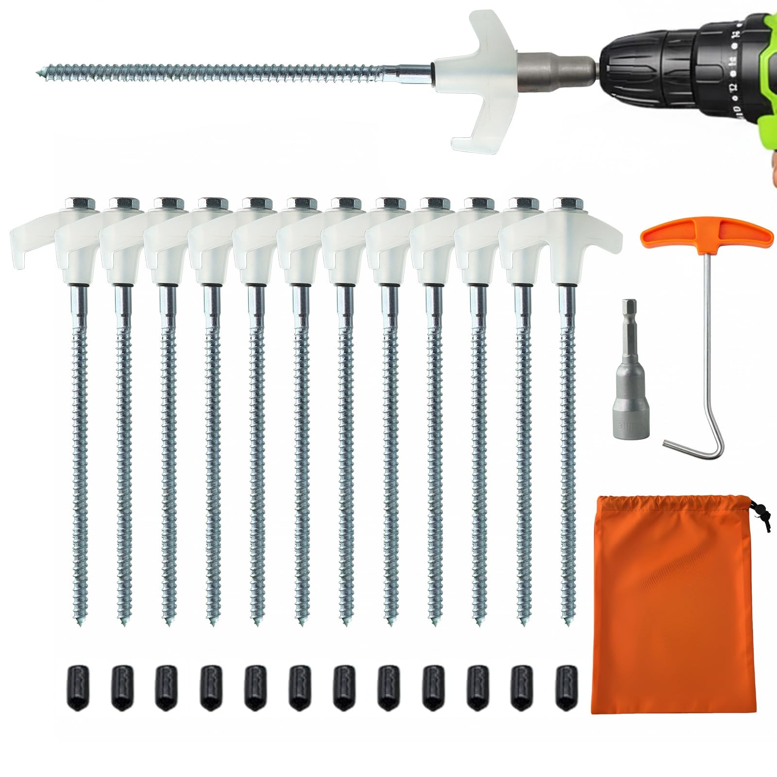 12-Pack Heavy Duty Screw-in Tent Stakes with Drill Adapter – 8 Inch White