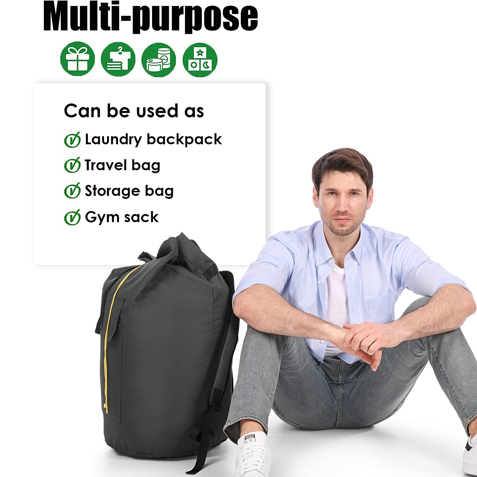 Laundry Backpack Bag, 115L 15″ x 40″, Charcoal grey laundry bag with straps