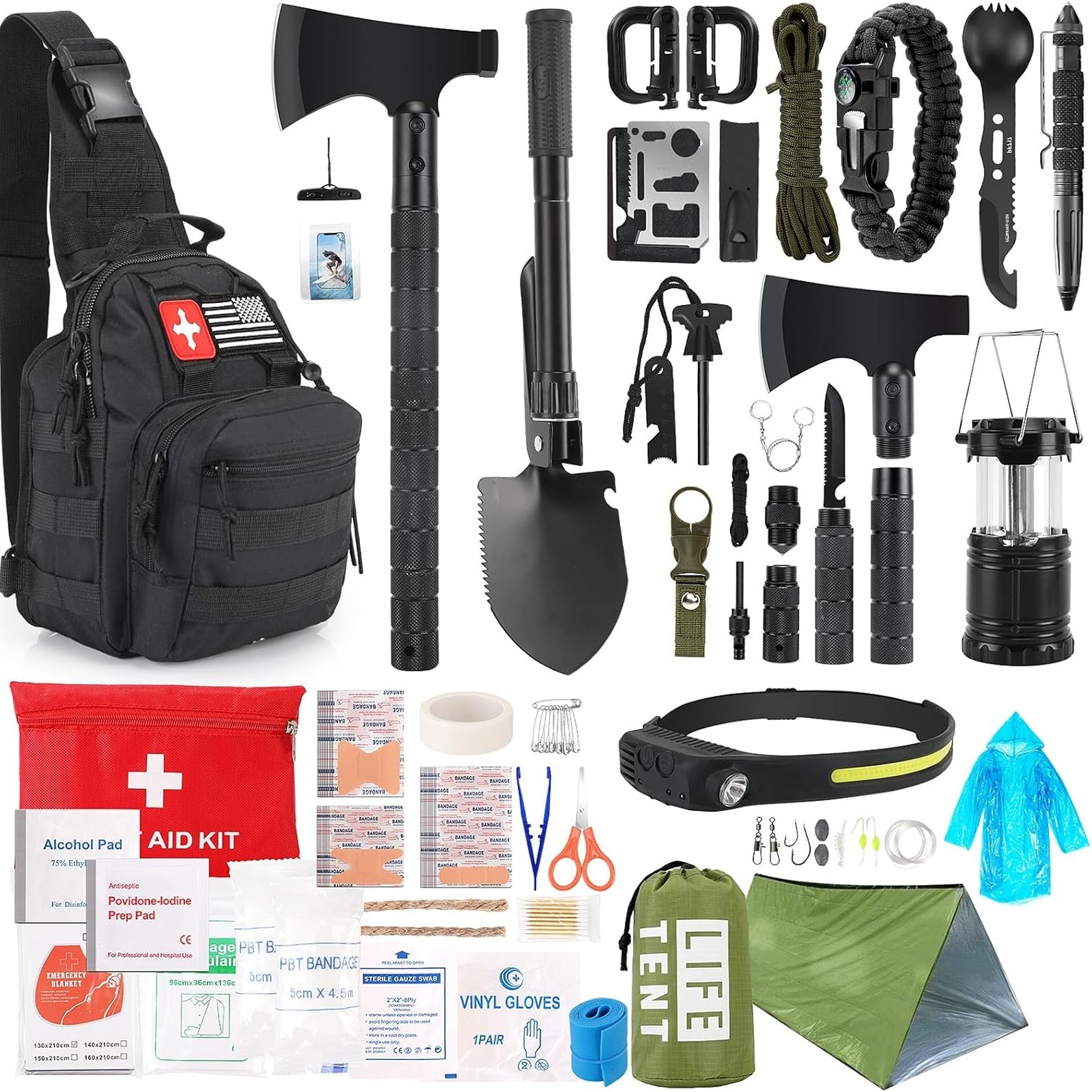 Emergency Survival Kit 268 Pcs First Aid Gear Camping Axe Headlamp Crossbody Bag