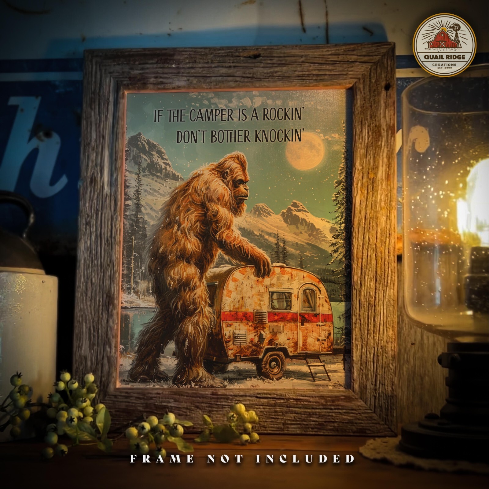 Vintage Sasquatch Bigfoot Art Print RV Camping Artwork Camper Wall Decor Gift