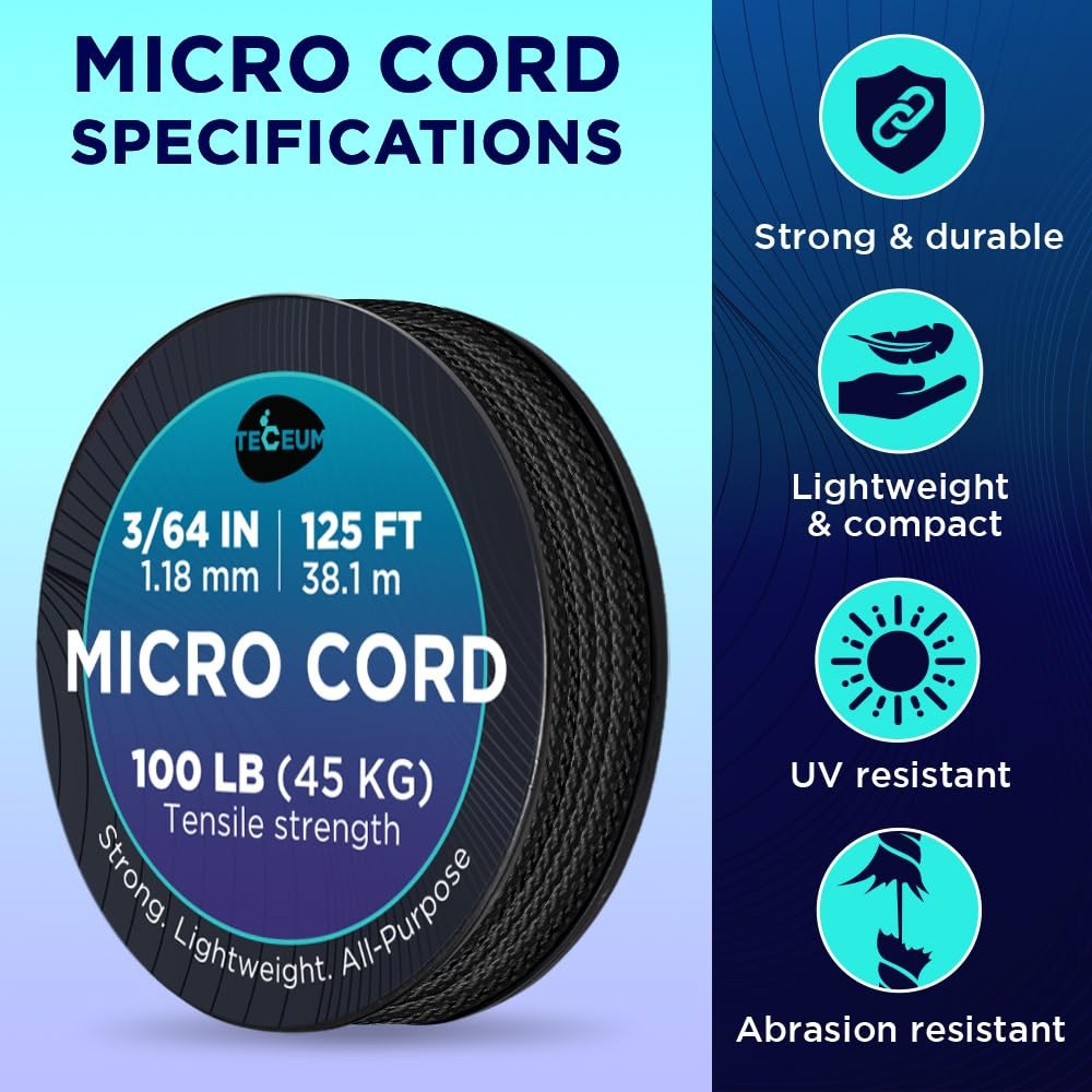 TECEUM Micro Paracord – Black – 1.18 mm x 125 ft – 125 ft,