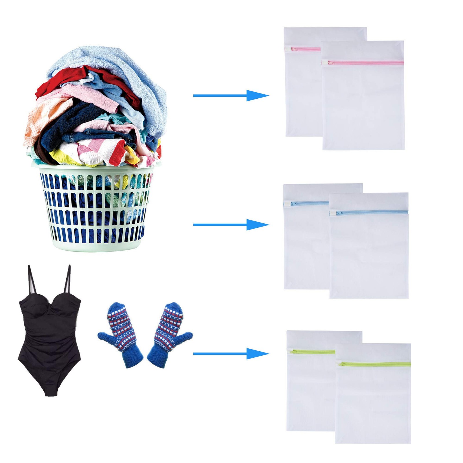 Mesh Laundry Bags 6-Pack Medium 16 x 12 Inch Medium, Blue, Green, Pink