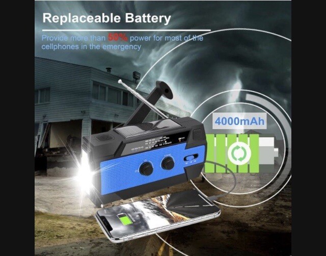 Emergency Crank Weather Radio/flashlight 4000mAh Solar Hand Crank Portable AM/FM