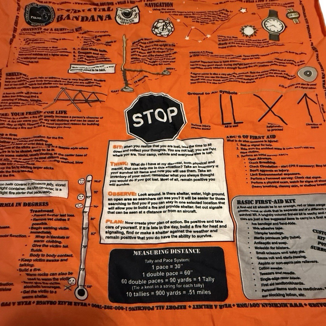 Survival Bandana Michigan DNR Blaze Orange Emergency First Aid Scarf Hiking