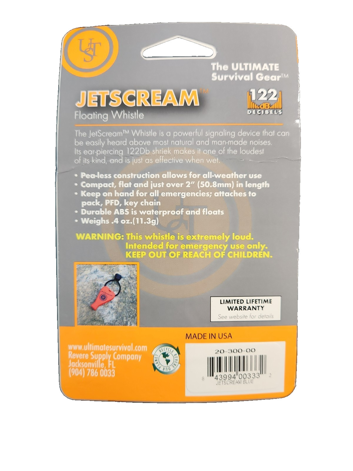 UST Jet Scream Emergency Whistle 122 Decibels Pea-Less Weatherproof Flat Buoyant
