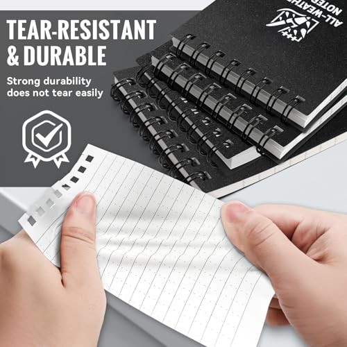 Waterproof Notebook, 3″ x 5″ Top-Spiral Pocket Notepad with 100 4 Pack Black