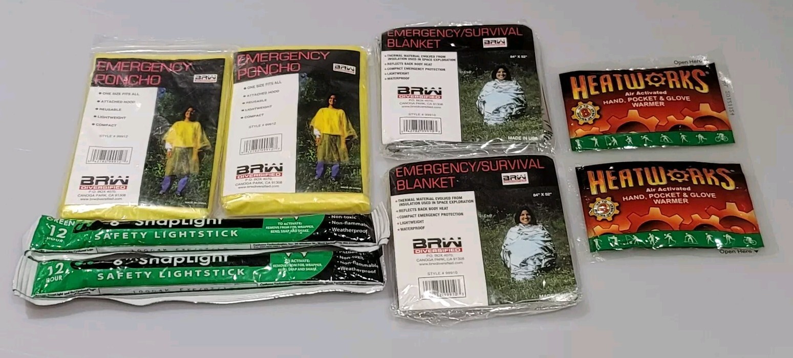 Lot of 7 Emergency Prepper Poncho/Survival Rescue Blanket Safety Kit w/Glowstick
