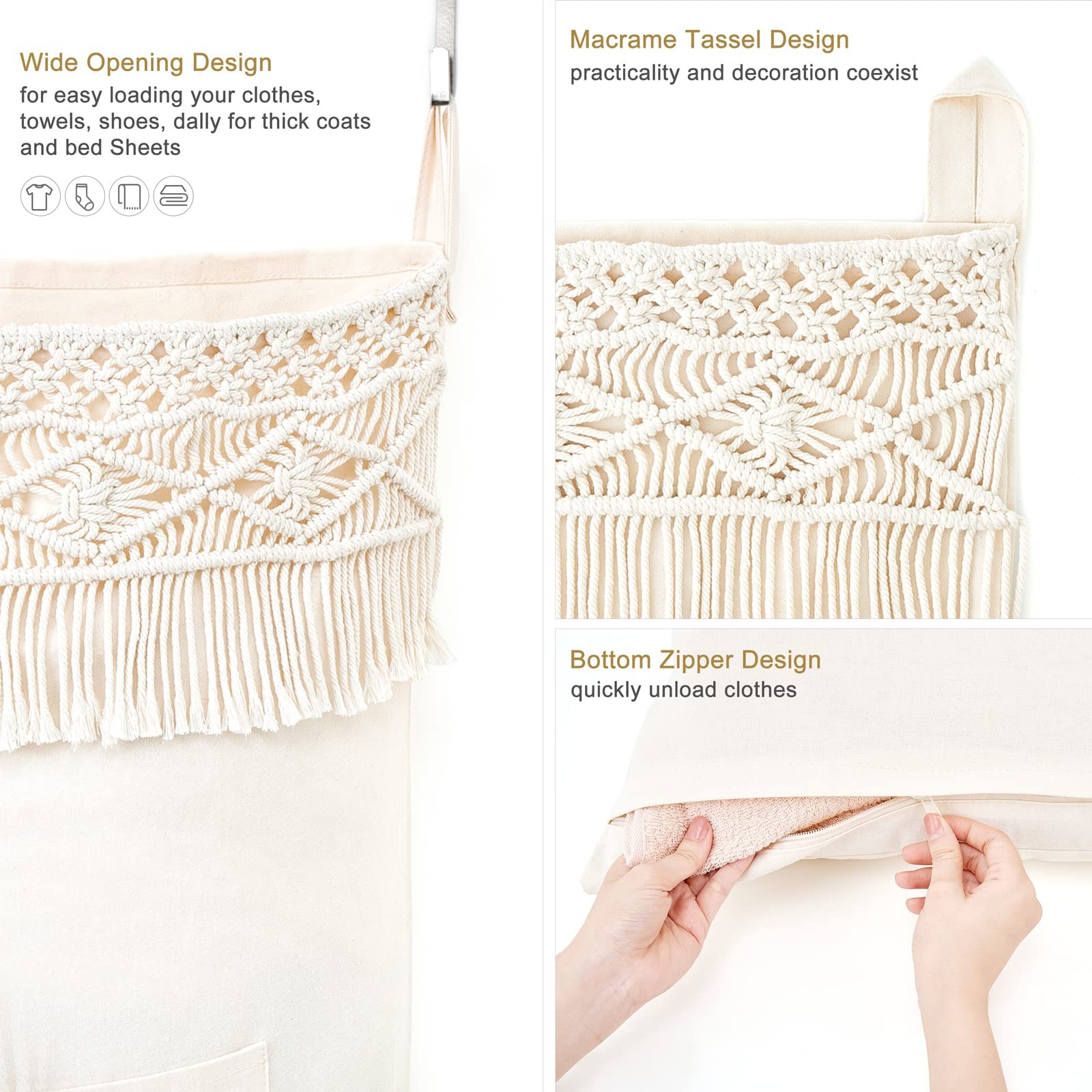 Mkono Macrame Hanging Laundry Hamper Bag Over The Door 18.5″ x 27.5″, White