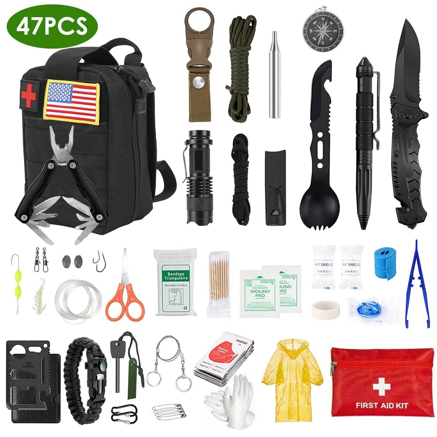 47Pcs Emergency Survival Kit Survival EDC Gear Equipment Tool First Aid Supplies