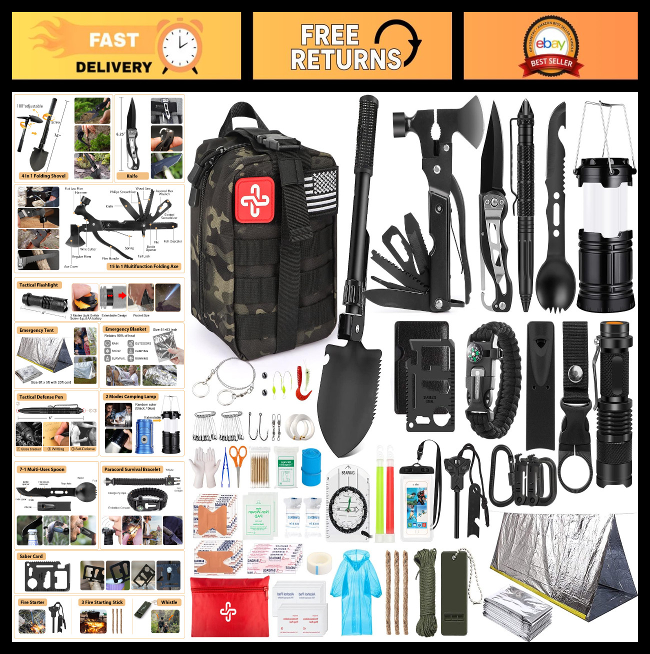 250Pcs Survival Gear Kit with Molle Bag & Emergency Tent for Hiking, Camping, Ea
