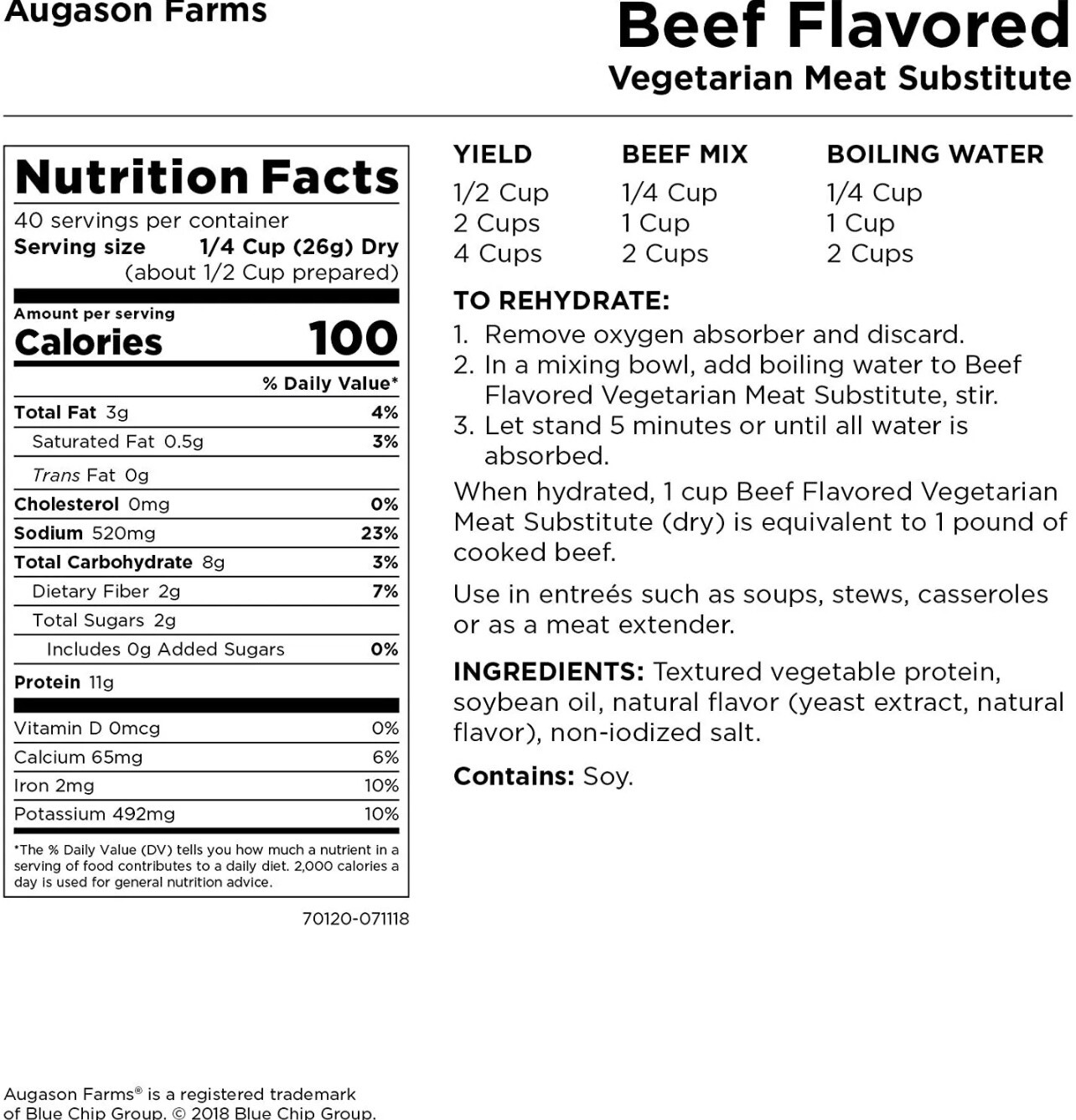 Augason Farms Beef Flavored Vegetarian Meat Substitute 2 Lbs 5 OZ No. 10 Can MRE