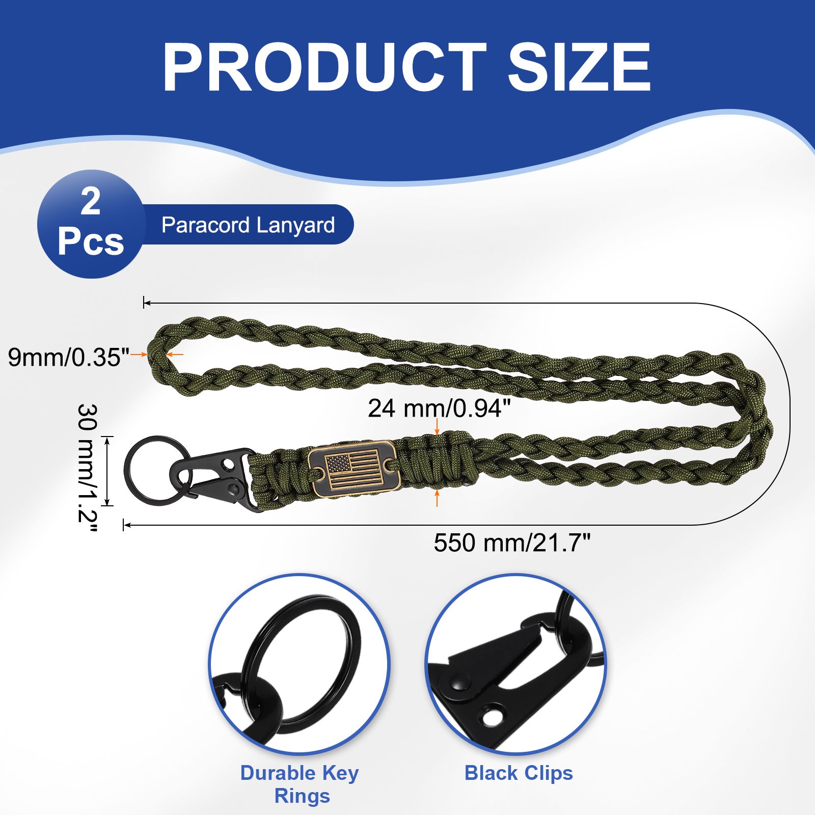 2Pcs Paracord Lanyard, Strong Lanyard with USA Flag, Olive Green