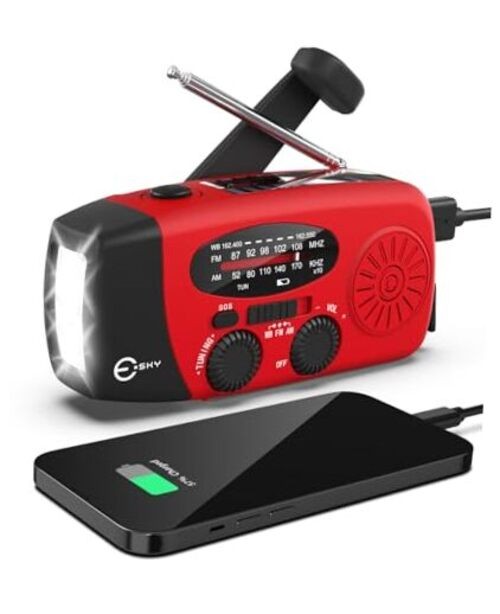 Emergency Hand Crank Radio 7400mWh with 3 LED Flashlight, AM/FM/NOAA Red