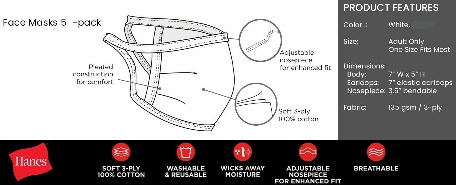 New 5 Pack Hanes Reusable PPE White Face mask, Washable soft 3-ply 100% Cotton