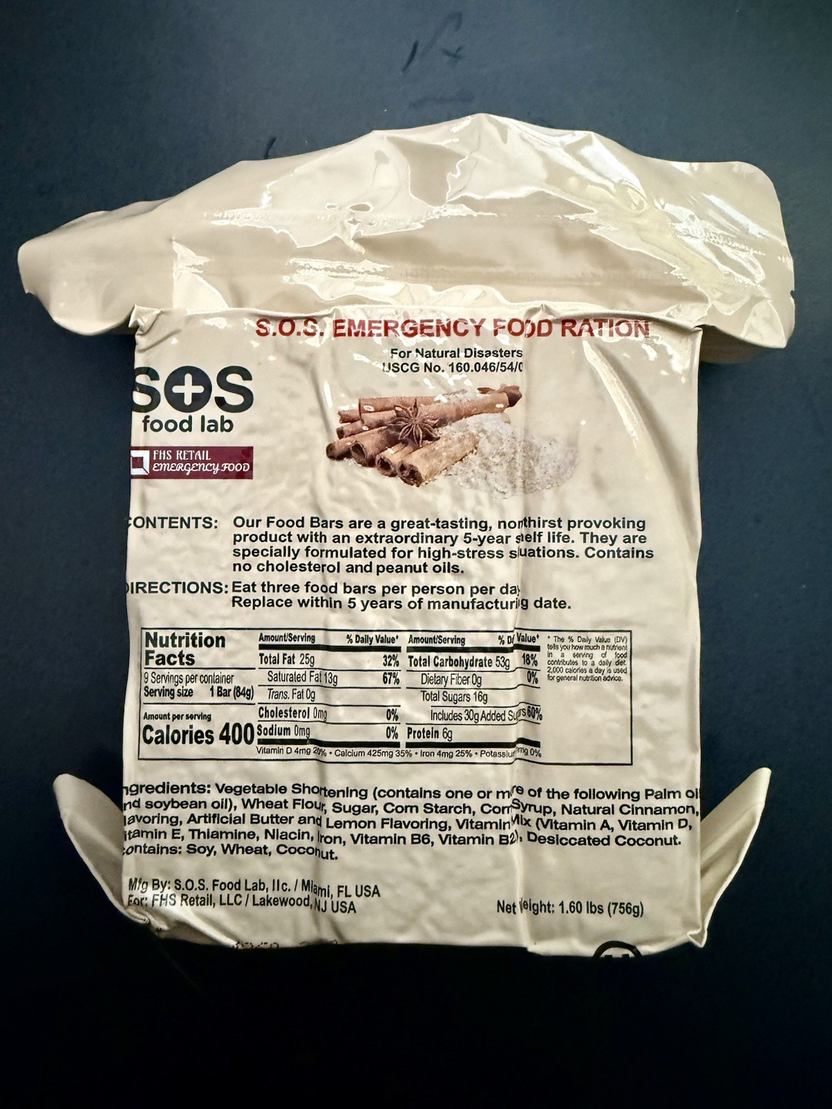 USA SOS Rations Emergency Food Ration – 3600 Calorie Food Bar