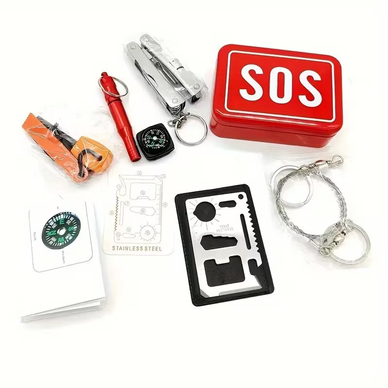 6pcs, Survival Kit SOS Emergency Gear, Set Camping Hiking Multi Tool Compass
