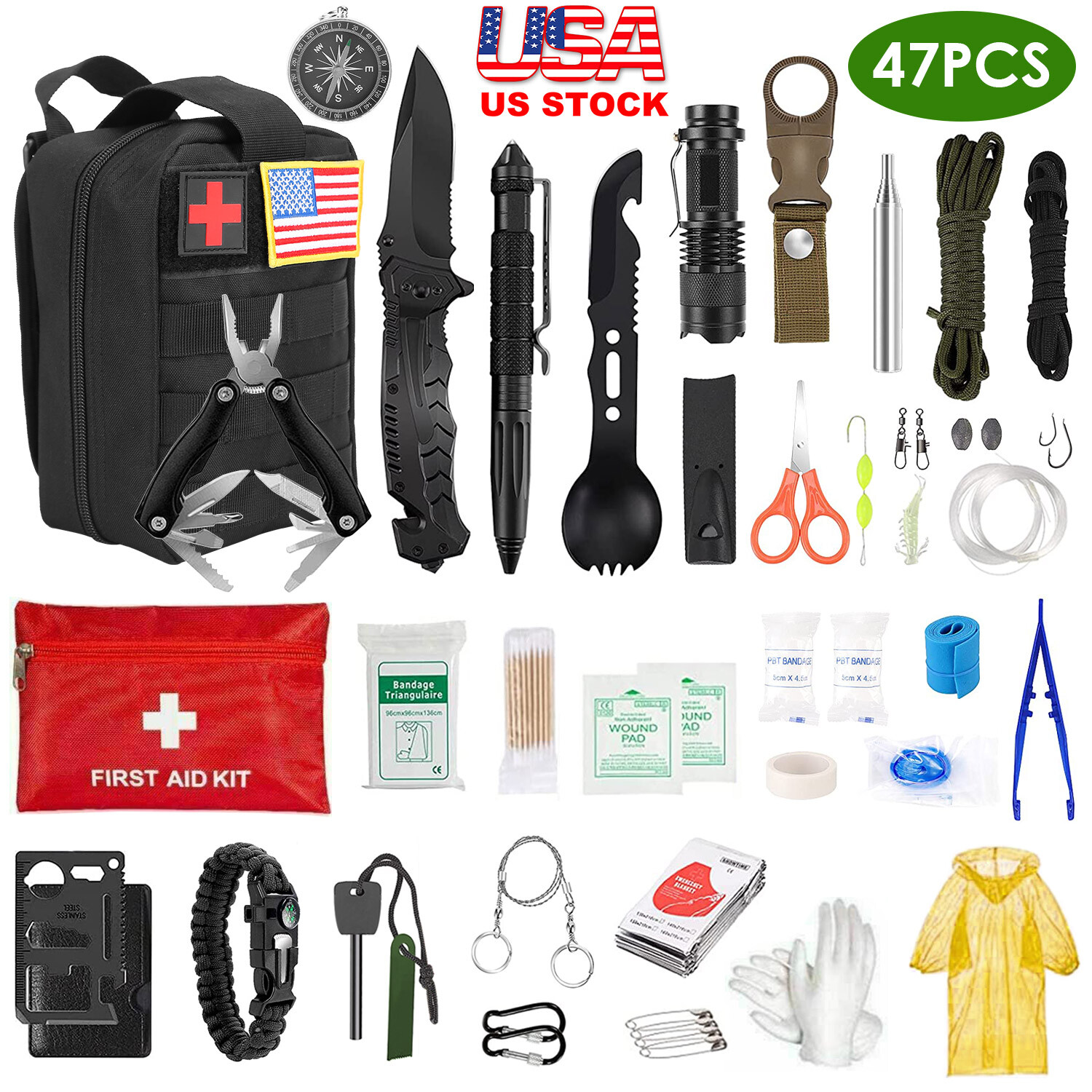 New 47-Piece Emergency Survival Kit – Gear and First Aid for Hiking and Camping