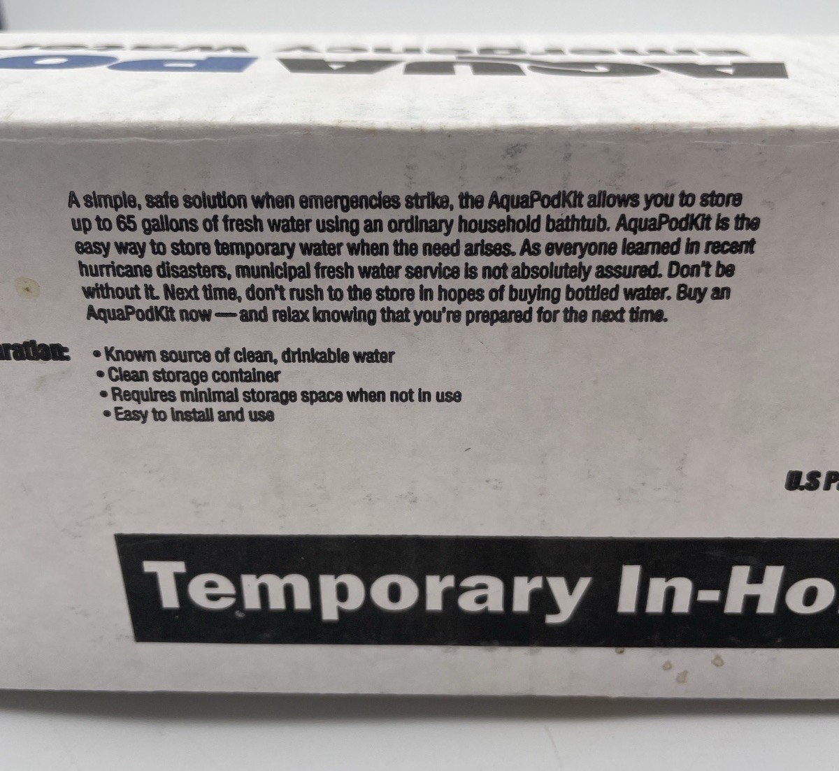 New AquaPod Kit 65 gal Emergency Water Storage In-Home Bathtub