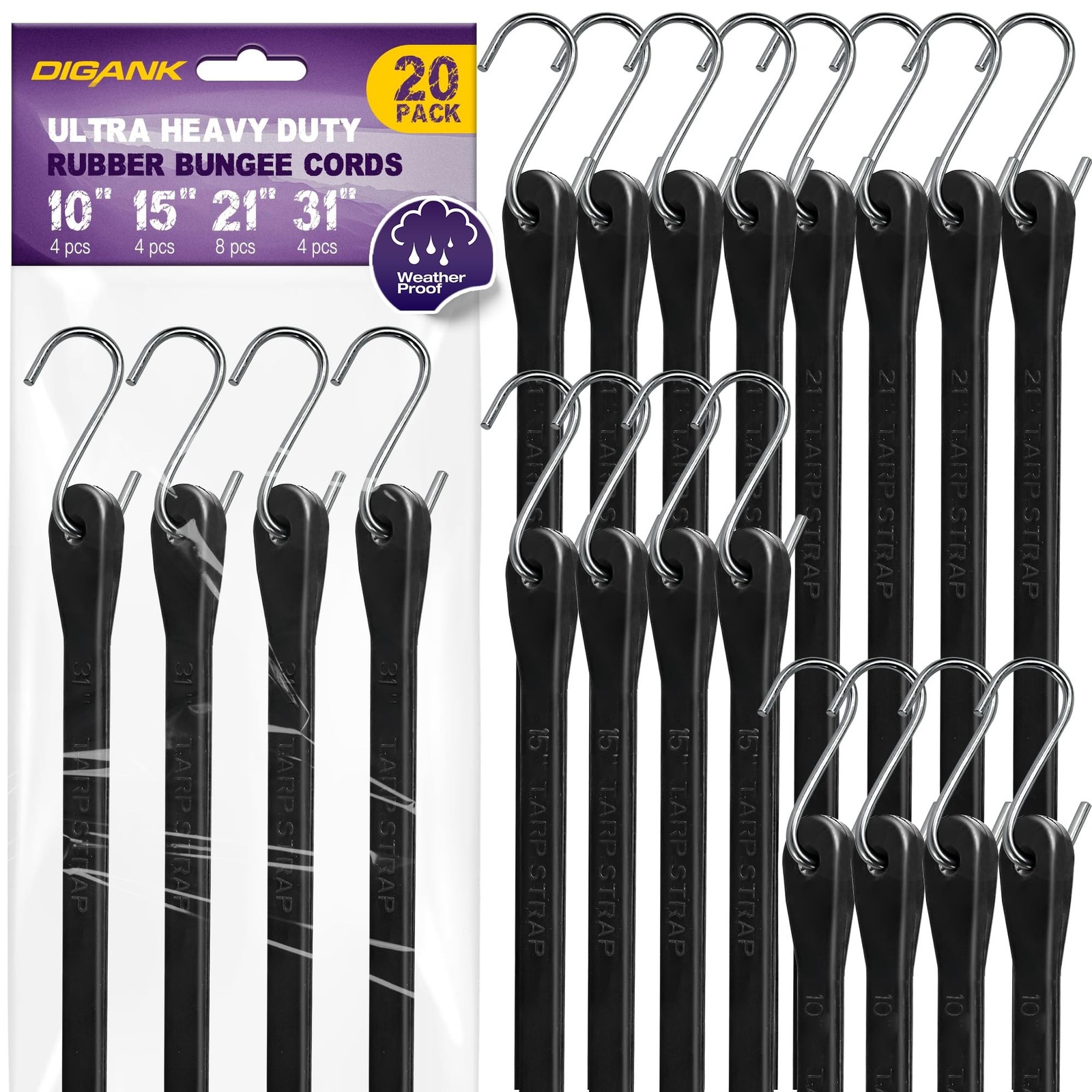Bungee Cords with Hooks (20 Pack) Heavy Duty Outdoor Rubber Tarp Straps in 10…