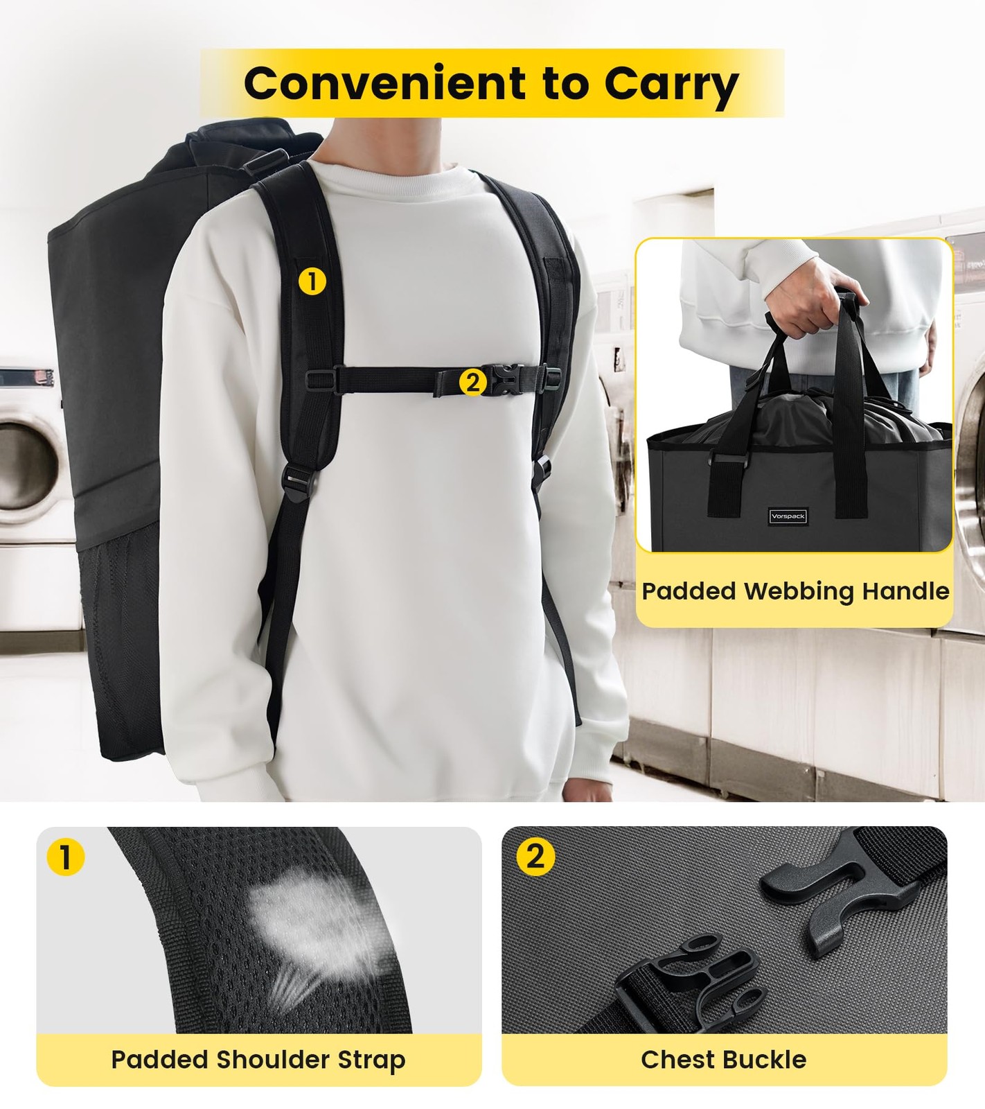 Vorspack Laundry Bag Backpack – Extra Large Bags with Large, Black