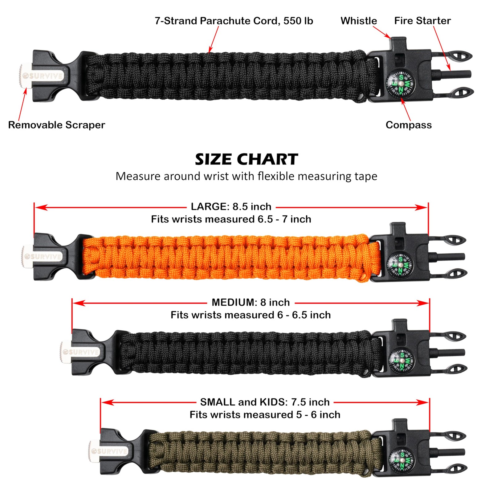 Paracord Bracelet, Pack of 2, Small, 8.5 ft Continuous Strand