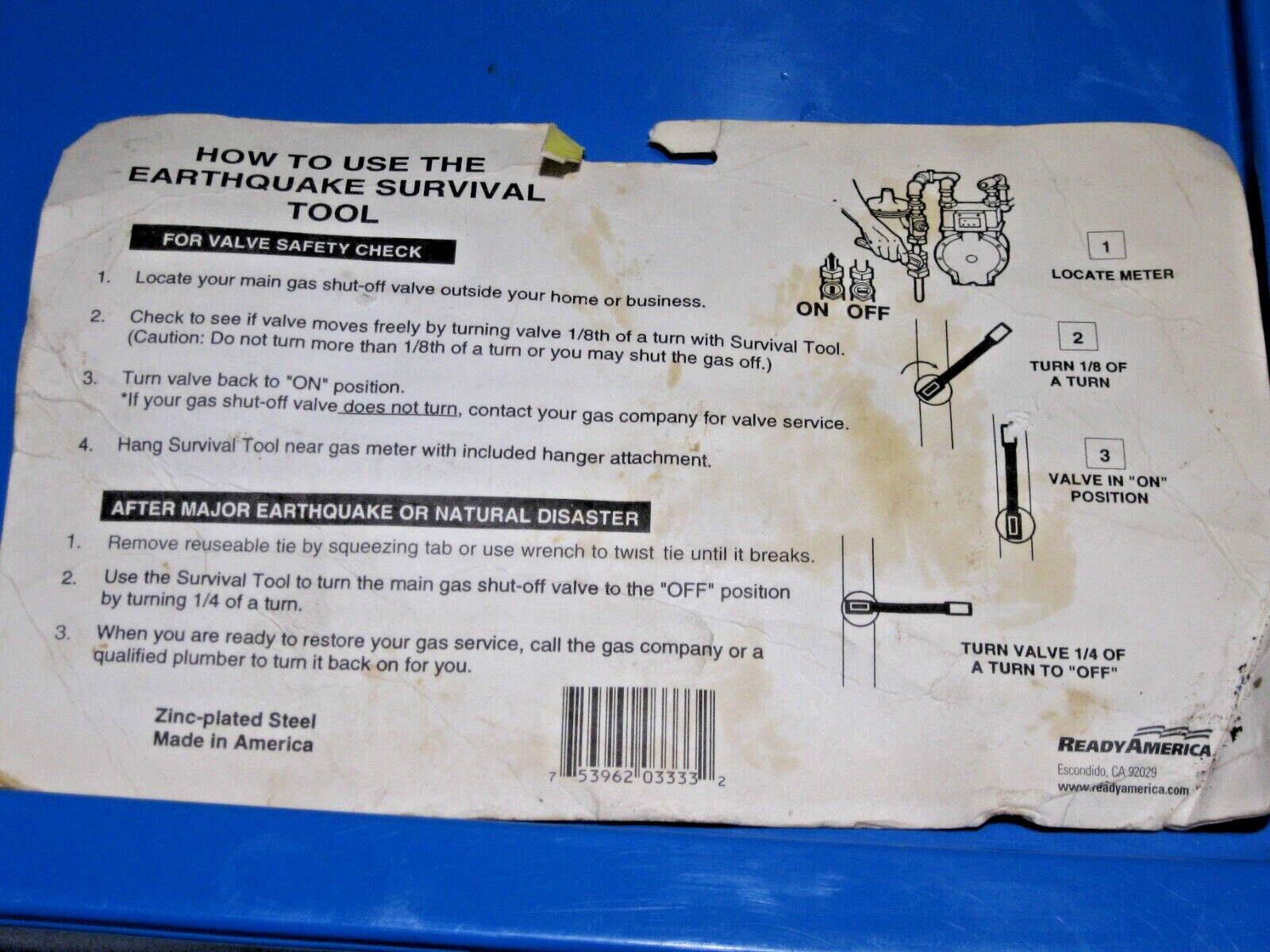 Ready America Earthquake Survival Tool Gas Shut Off Wrench #3333 USA