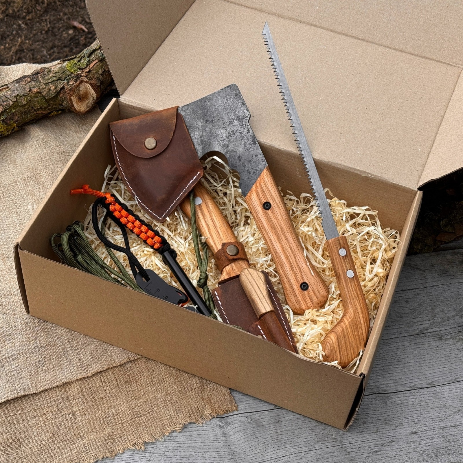 6pc All in One Camping Gear Set 9.84” Axe 9” Bushcraft Knife Saw Ferro Rod