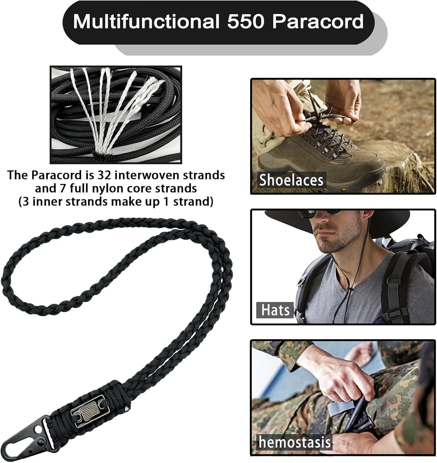 Heavy Duty Paracord Lanyard for ID Badges, Black x2, X2