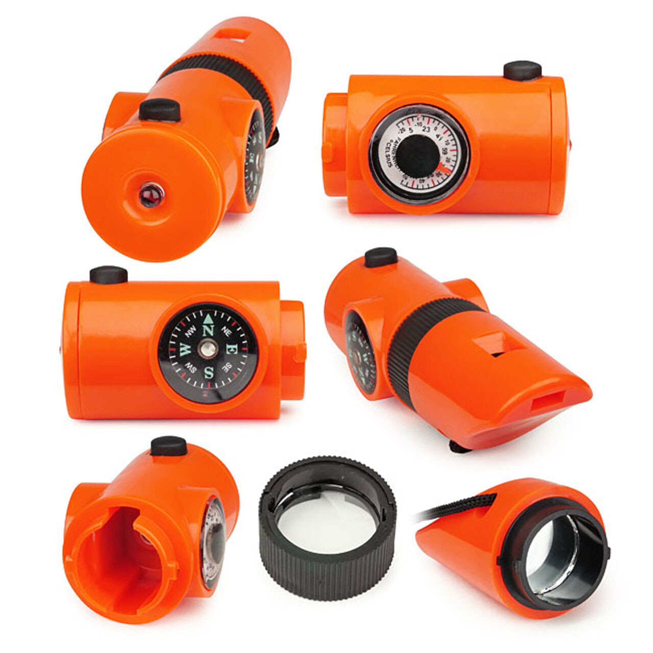 7-In-1 Emergency Survival Whistle Compass Thermometer LED Flashlight Magnifier
