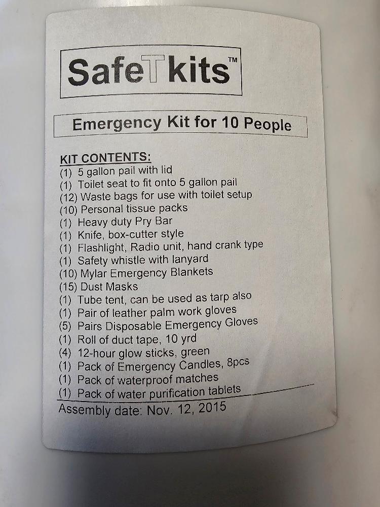 Safe T kits / SafeTkits Bucket Emergency Kit w/ Seat 56 Pieces for 10 People New